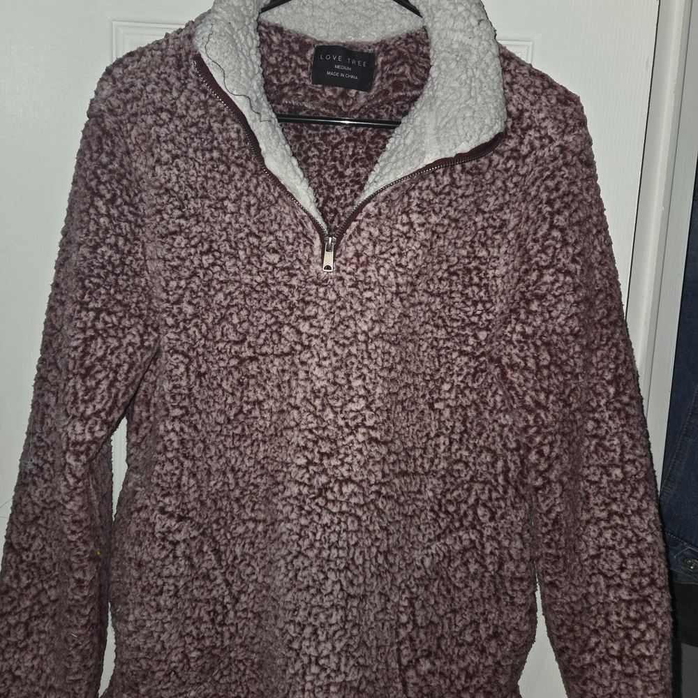 Love Tree Women Zip Up Sherpa Sweater - Burgandy